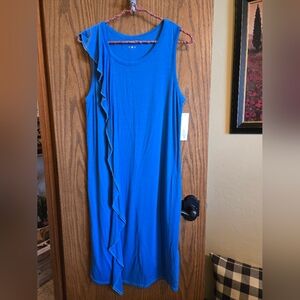 THREE DOTS Sleeveless Blue Ruffle-Trim Women’s Dress
